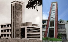 En la imagen de la izquierda, la Planta Piloto de Ron recién inaugurada en el año 1953. (Suministrada) En la derecha, una foto actual del edificio que albergaba la Planta Piloto. (Ricardo Alcaraz / Diálogo)
