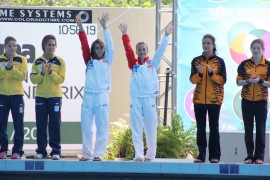Luisa Jiménez y Jennifer Fernández lograron el bronce en el evento de plataforma tres metros sincronizado. (Adriana De Jesús Salamán / Diálogo)