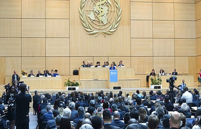 La Asamblea Mundial de la Salud, durante la intervención en la jornada inaugural de su 68 sesión de la canciller alemana, Angela Merkel.  (OMS)