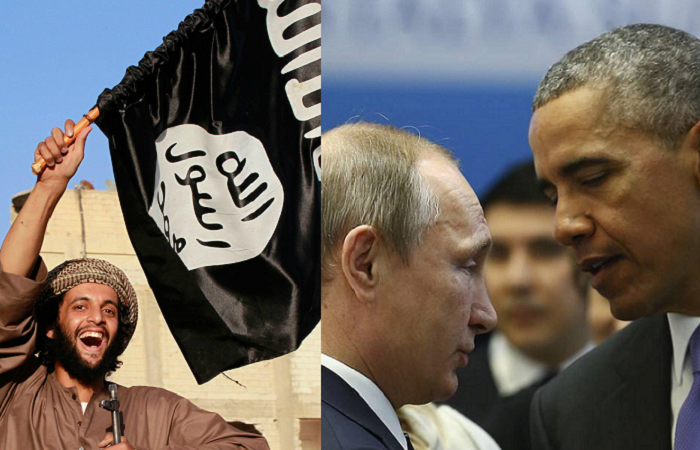 A la izquierda, un simpatizante de ISIS ondea una bandera. A la derecha, Putin y Obama conversan. (Fotomontaje por Diálogo. Fotos: natsentinel.com y wsj.com)