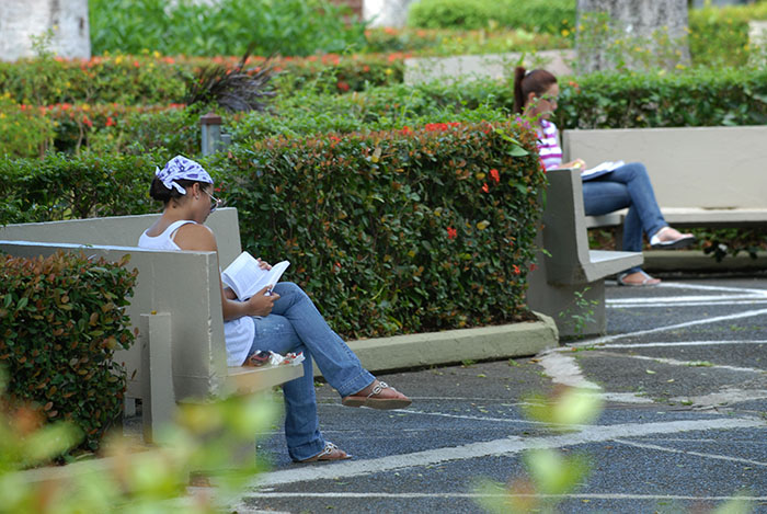 Dos estudiantes disfrutan del sosiego de la lectura en la icónica Plaza Antonia Martínez, en el Recinto de Río Piedras. (Ricardo Alcaraz / Diálogo)