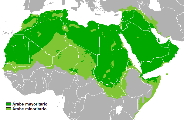 Países árabes de Medio Oriente y el norte de África. En verde oscuro, aquellos con mayoría de población árabe, en verde claro, los que tienen minoría árabe. Crédito: Dominio público