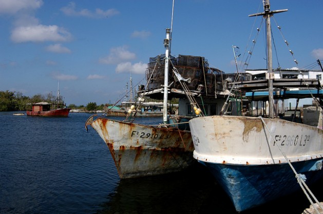 Barcos pesqueros que vivieron mejores días, parte de la flota de una empresa estatal, atracados en una caleta de la Ciénaga de Zapata, en la occidental provincia de Matanzas, en Cuba. Crédito: Jorge Luis Baños/IPS
